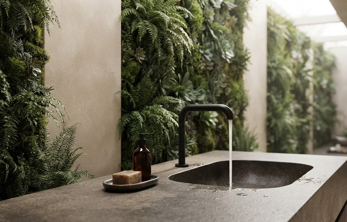 Modern bathroom interior with natural stone, greenery and polished metal fixtures